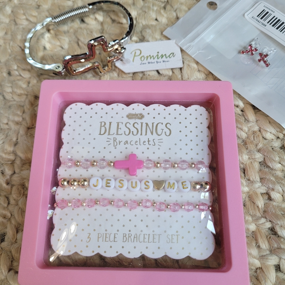 Blessing Bracelets Cross Pink Gold Beaded Jesus Loves Me stretch - Picture 8 of 8